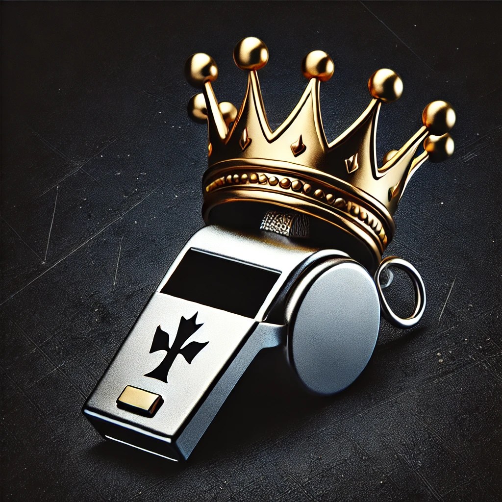 Spotlighted whistle on pedestal symbolizing elite referee moments.