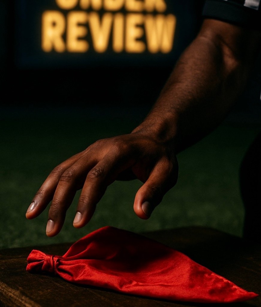 Referee hand hovering over red challenge flag with 'UNDER REVIEW' on screen.