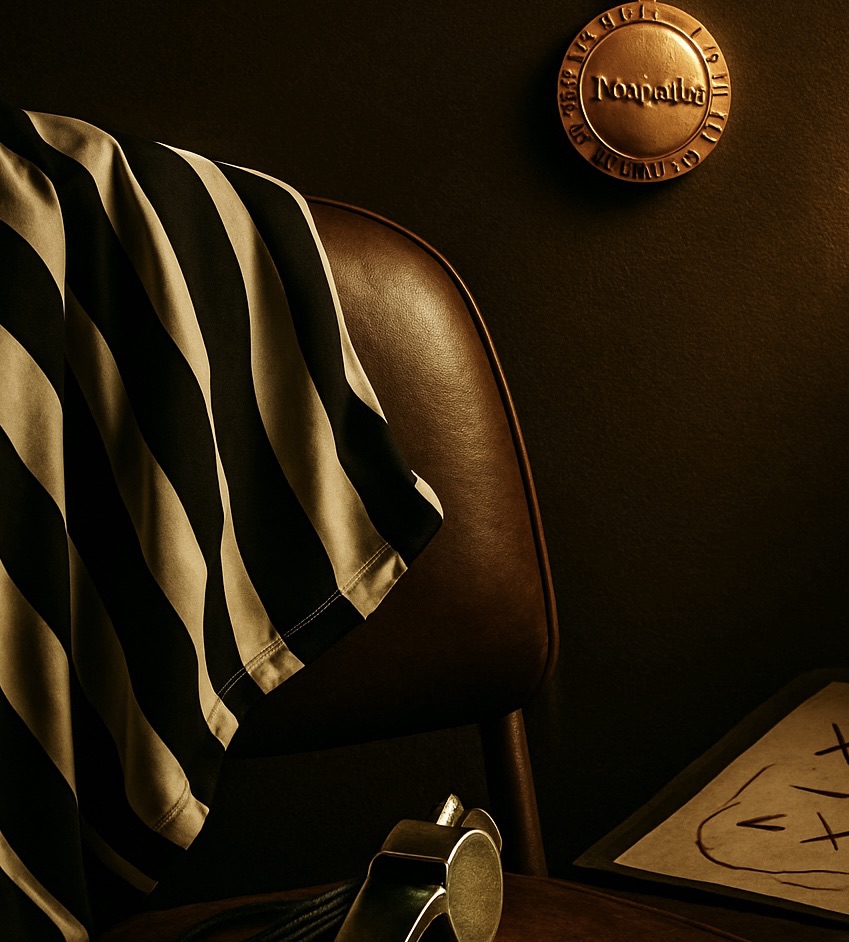 Referee's jersey draped on a chair with a silver whistle and bronze medal nearby.